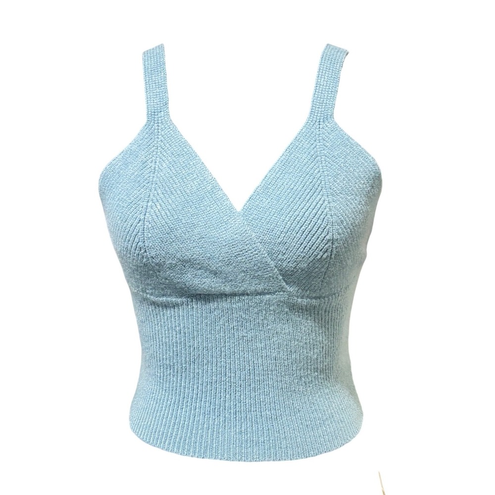 Commense Knit Camisole Women L Light Blue Ribbed Surplice V-Neck Back Tie Top